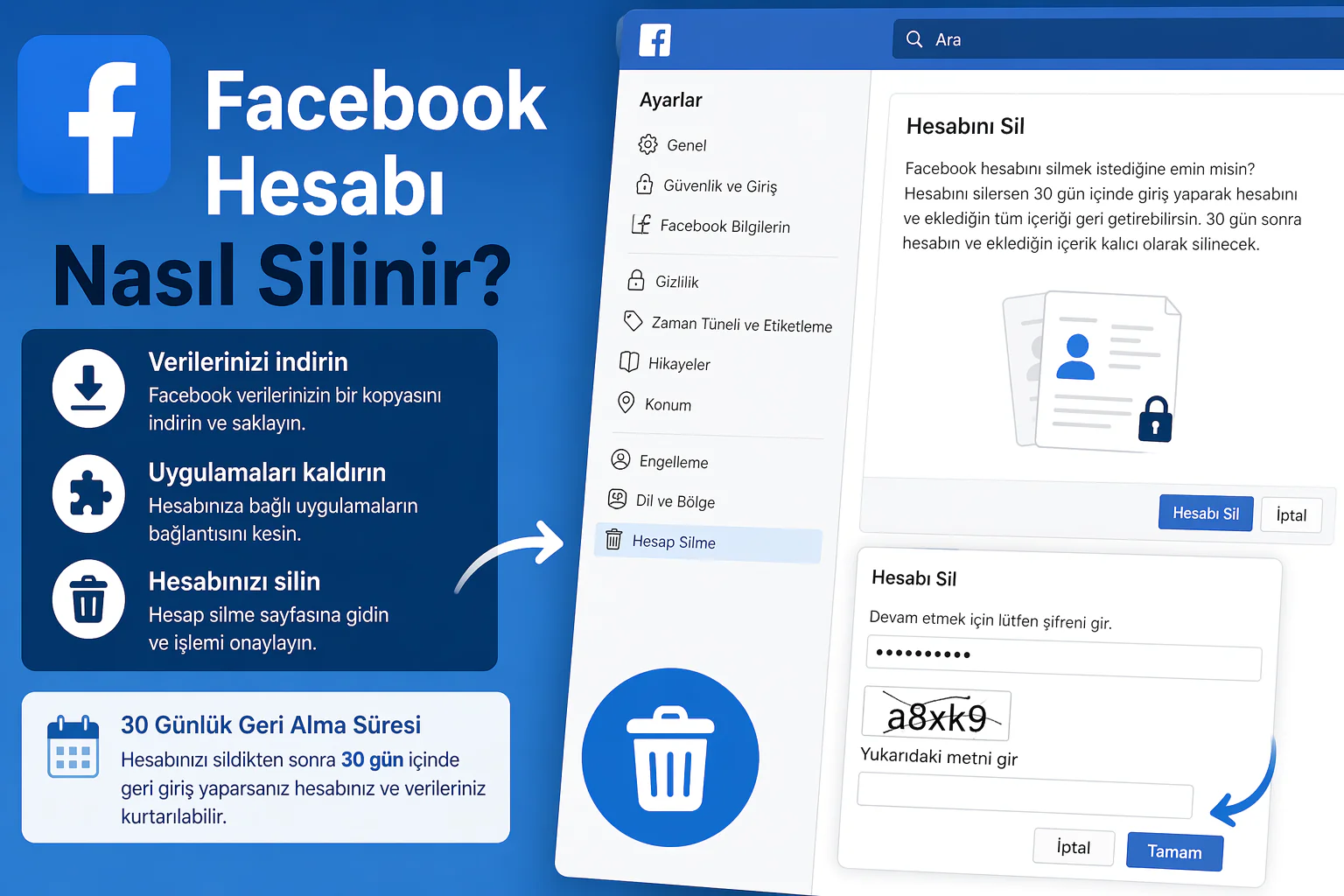 Facebook Hesabı Nasıl Silinir adımlarını gösteren hesap silme ekranı ve ayar menüsü görünümü