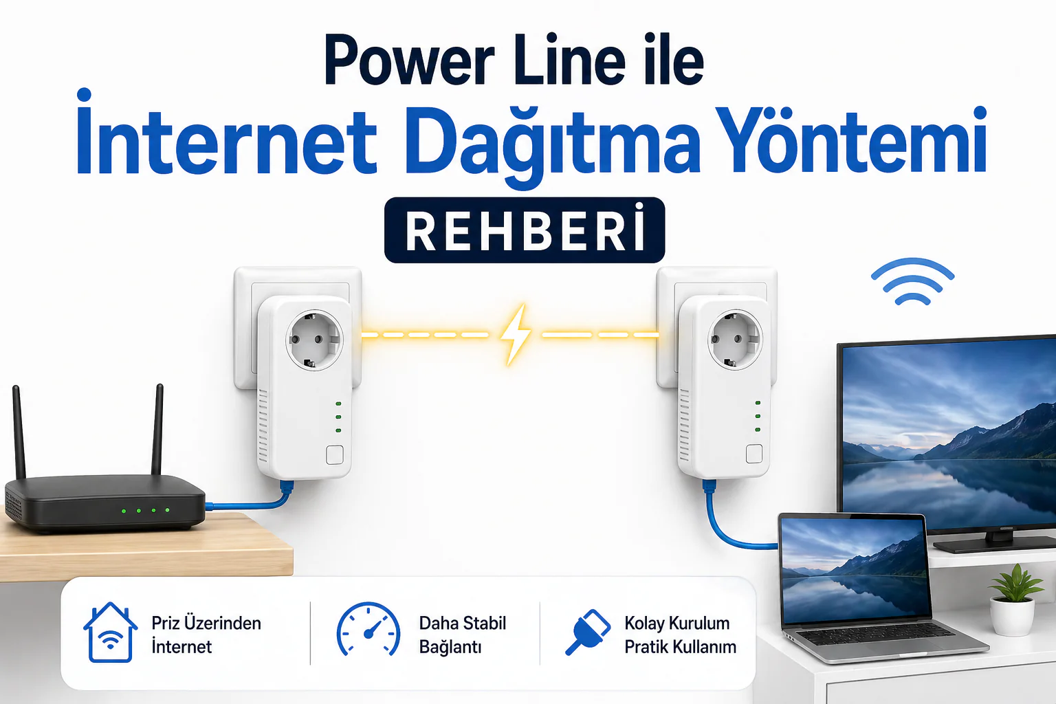 power line internet dağıtma yöntemi ile priz üzerinden ağ bağlantısı kurulumu görseli