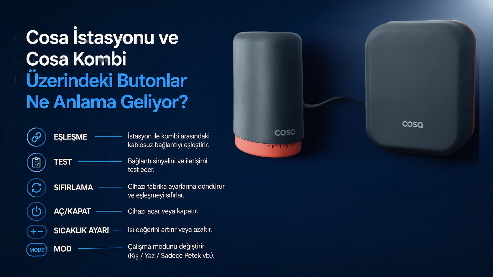 Cosa istasyonu ve Cosa kombi üzerindeki butonların görevleri gösteriliyor