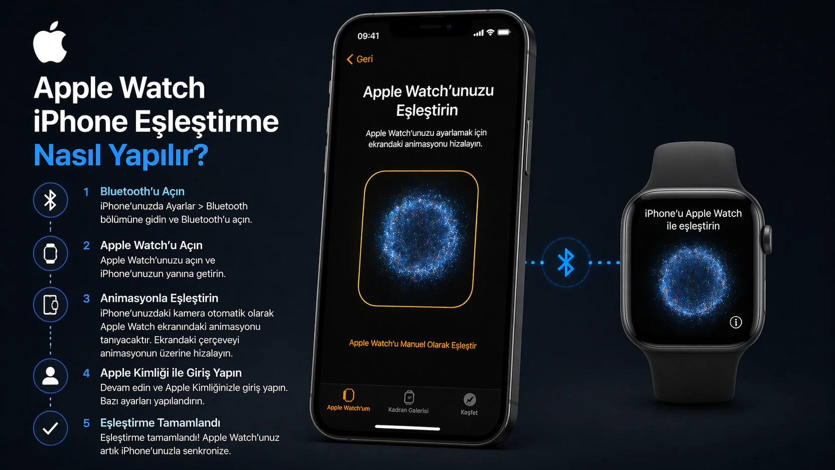 Apple Watch iPhone eşleştirme ekranı ve Bluetooth bağlantı ayarları