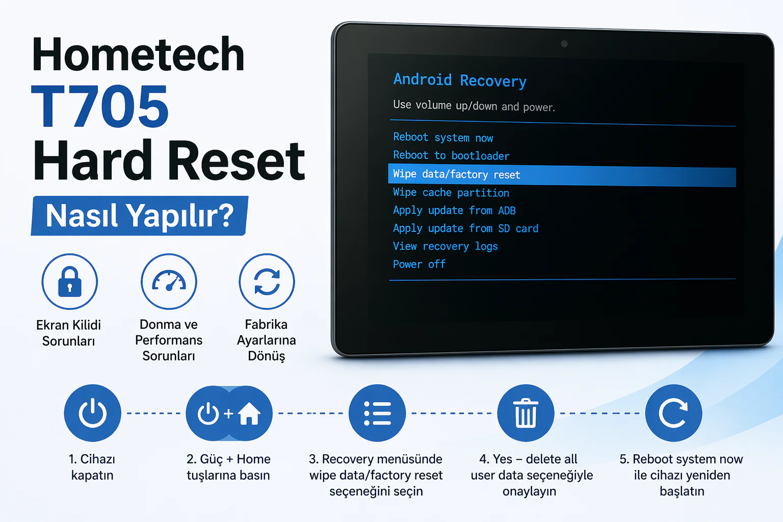 hometech t705 hard reset işlemi için tablet üzerinde recovery menüsü adımları gösterimi