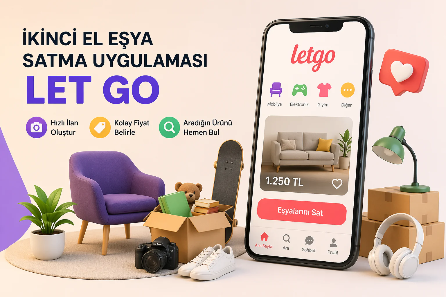 İkinci el eşya satma uygulaması Let Go ekranında ilan oluşturma ve ürün fotoğrafı ekleme adımları