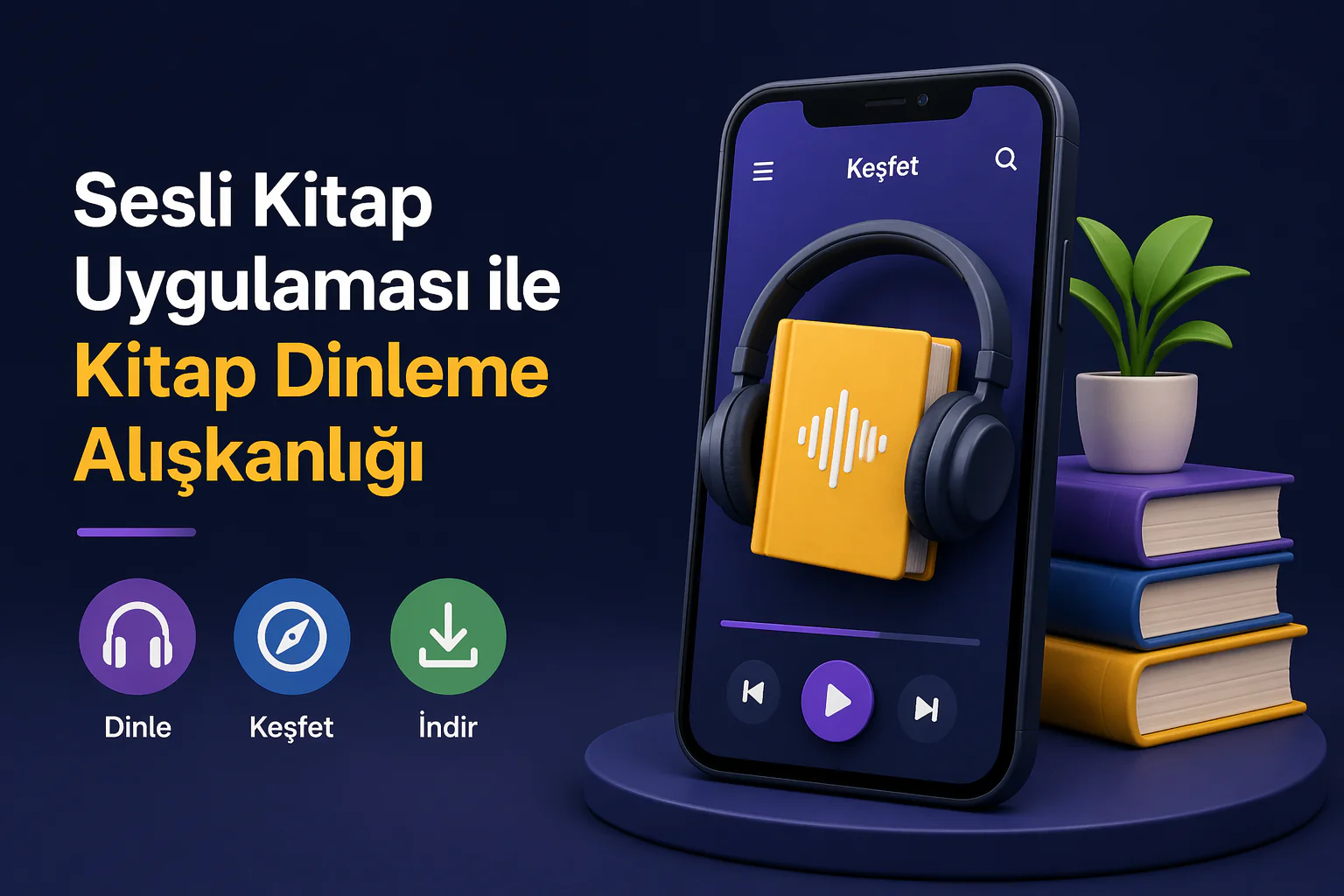 Sesli kitap uygulaması arayüzünde keşfet ekranı ve indirilen kitap listesi görünümü