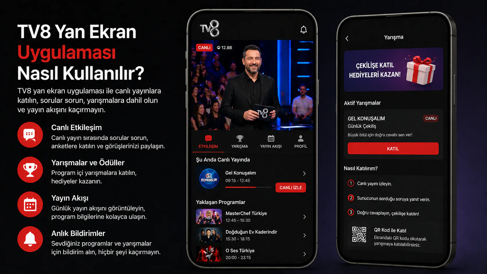 TV8 yan ekran uygulaması ana ekranı ve canlı etkileşim seçenekleri