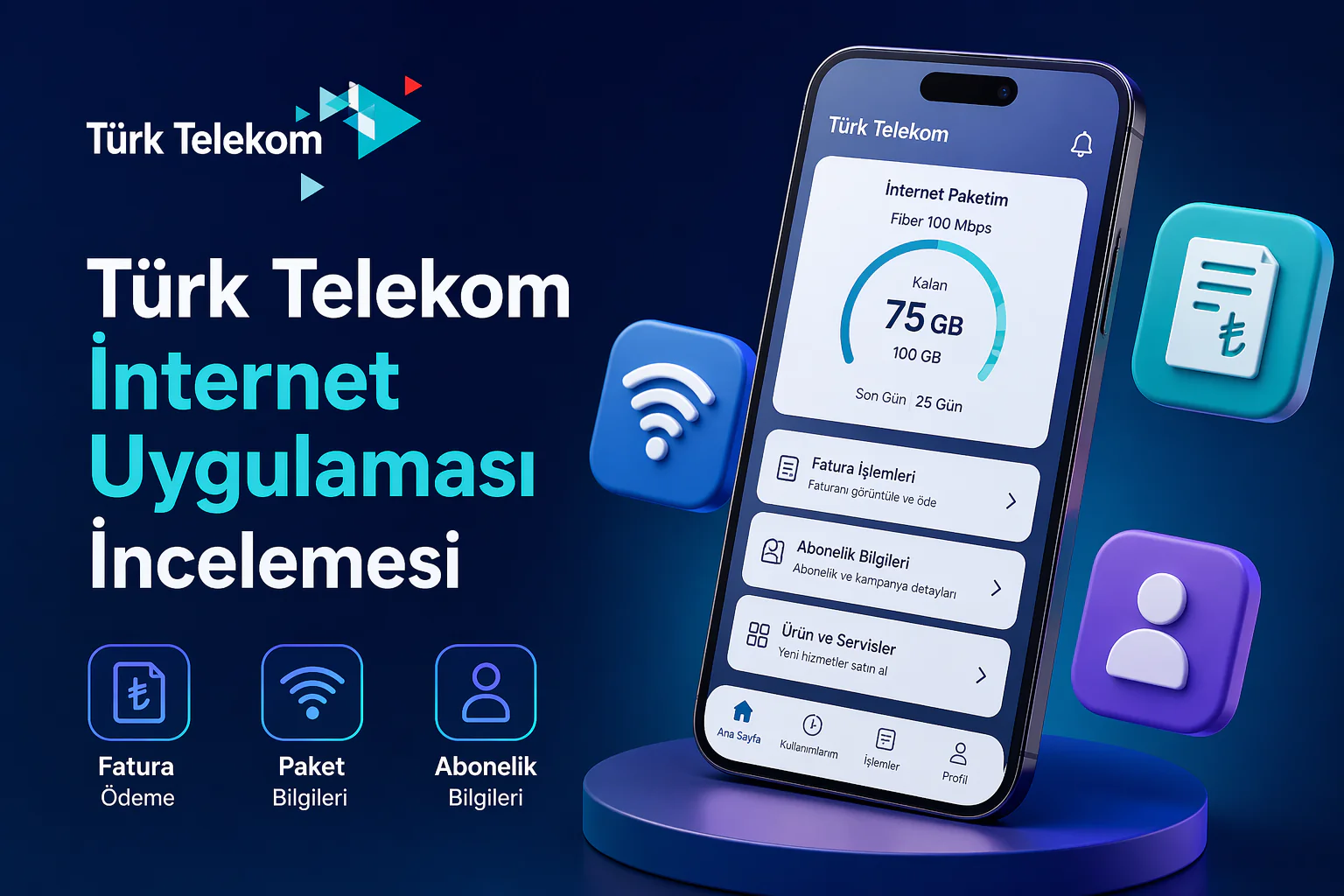 türk telekom internet uygulaması ekranında fatura paket ve abonelik bilgilerinin görüntülenmesi