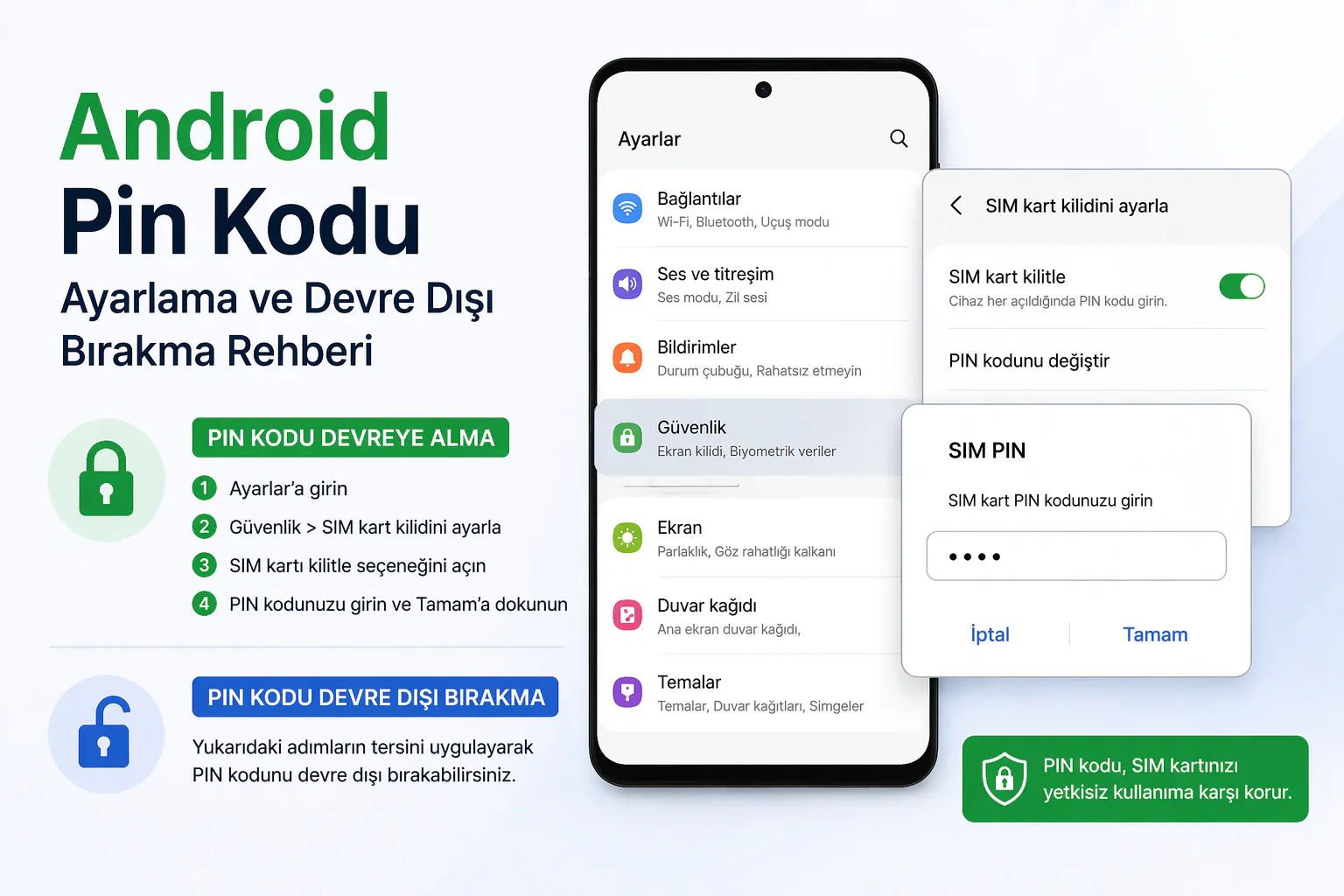android pin kodu ayarlama ekranında SIM kart kilidi açma ve kapatma ayarları