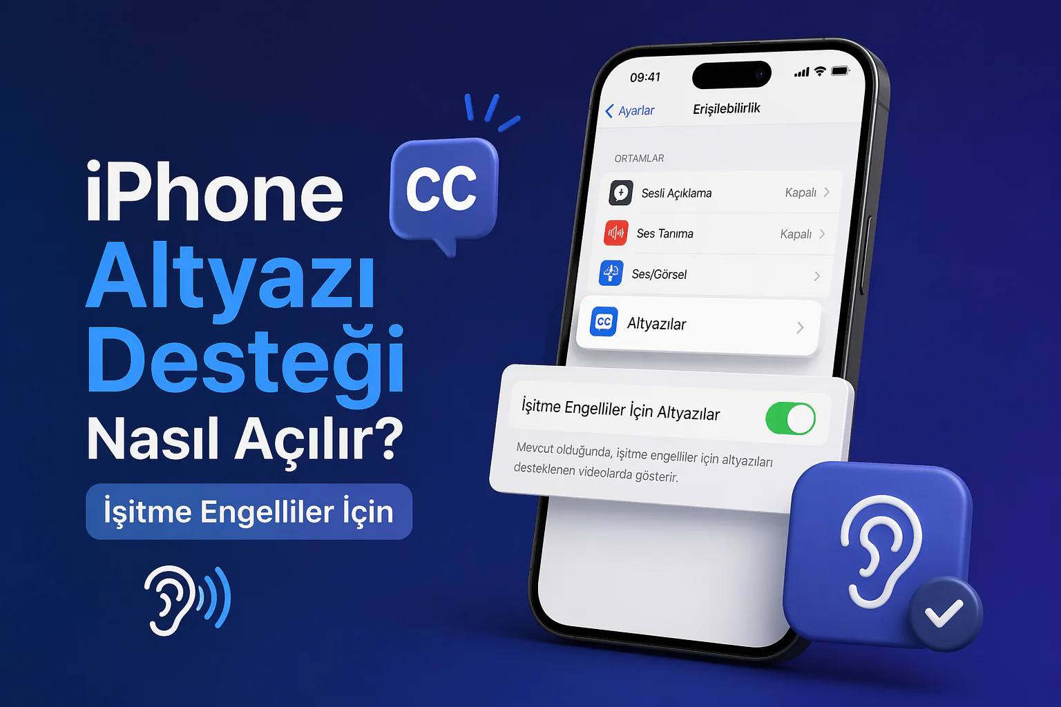 iphone altyazı desteği ile erişilebilirlik ayarlarında işitme engelliler için altyazı açma ekranı