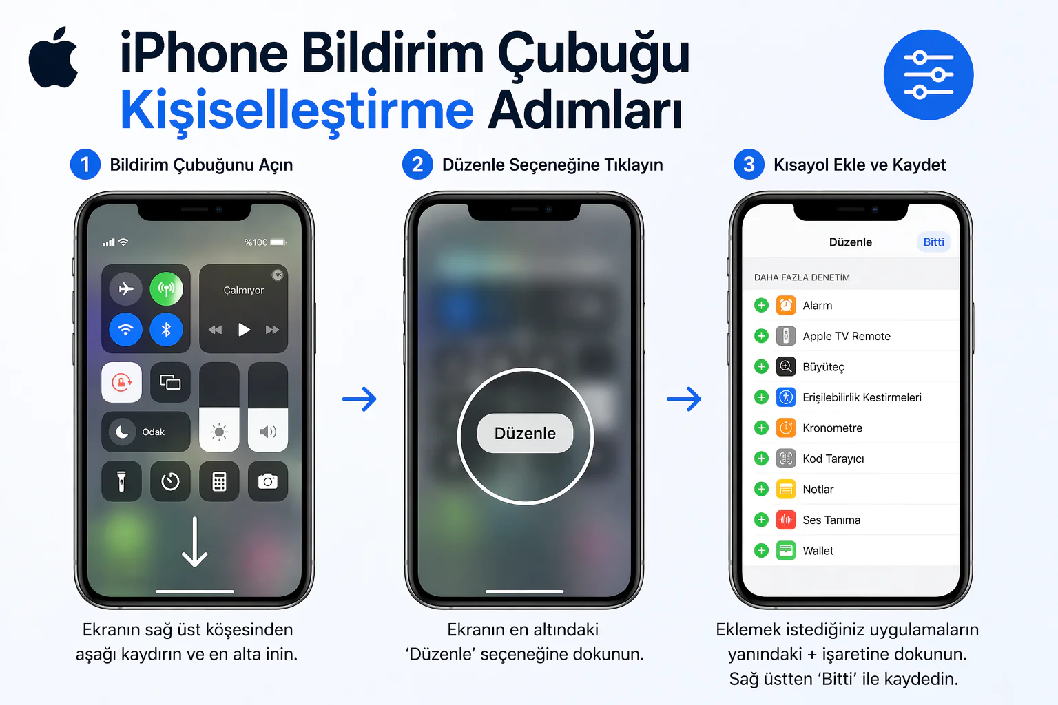 iphone bildirim çubuğu kişiselleştirme ekranında düzenle ve kısayol ekleme seçenekleri