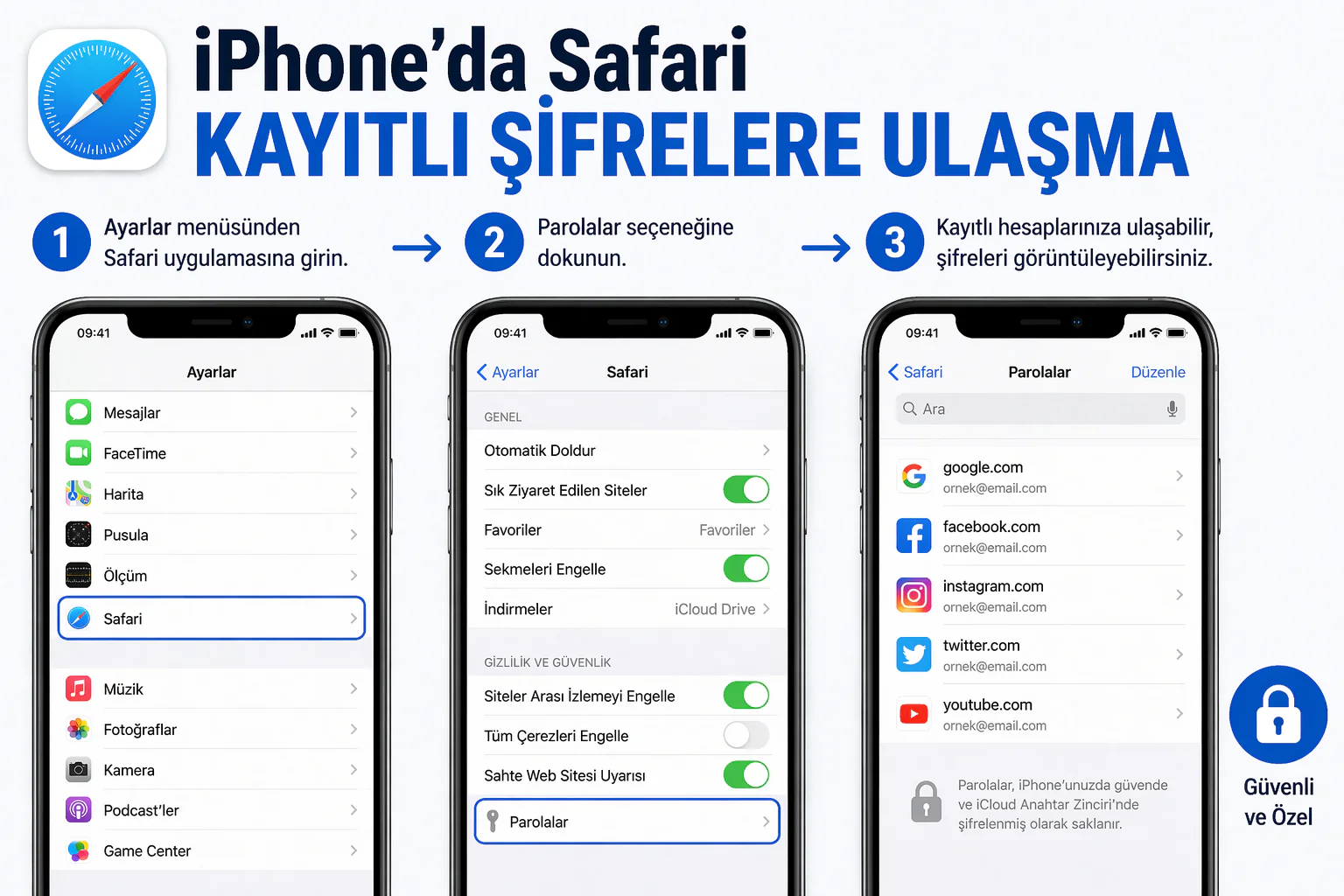 iphone safari kayıtlı şifreler ayarlarını gösteren parolalar menüsü ve hesap listesi ekranı