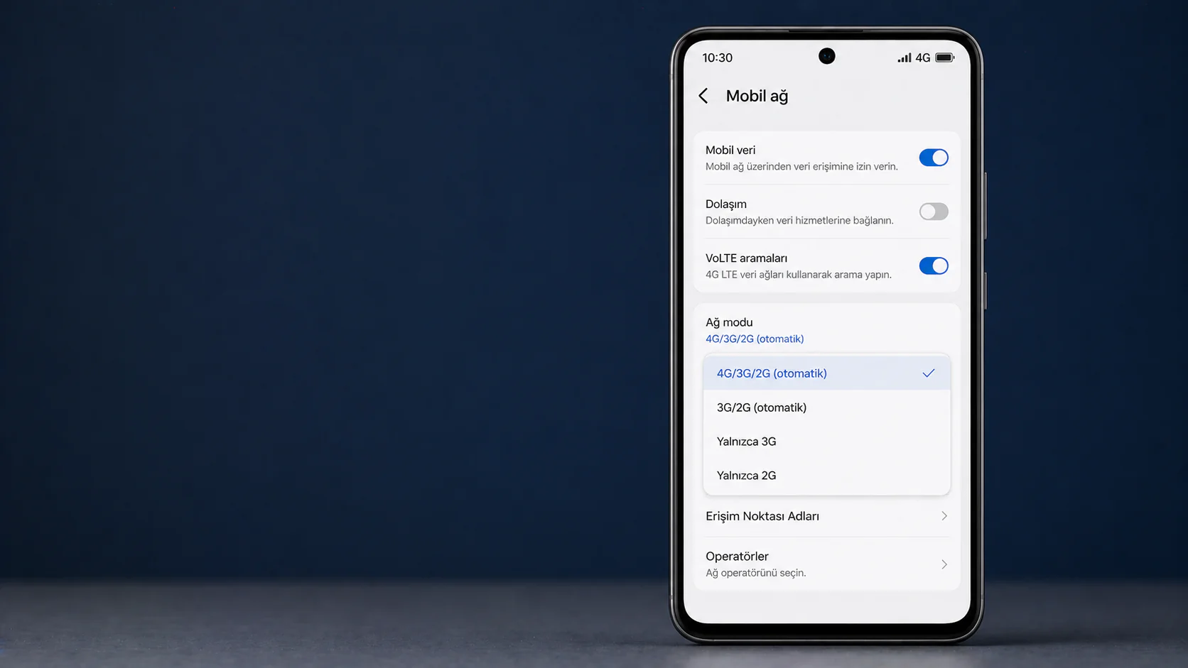 Android cihazlarda şebeke problemi çözümü için mobil ağ ayarları ekranı