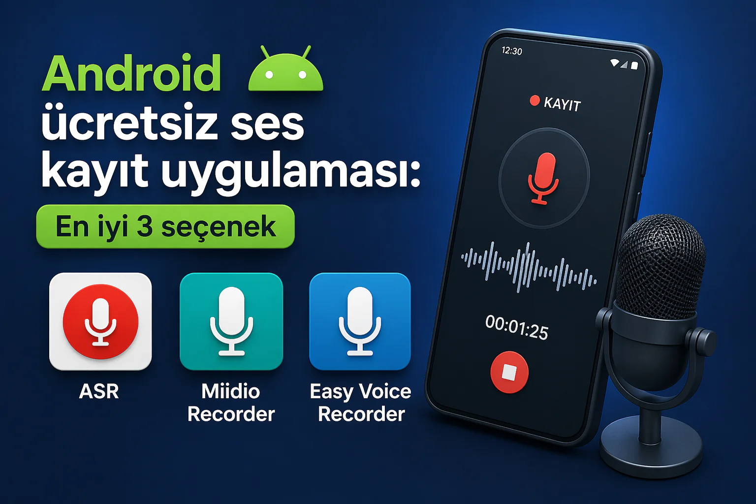 Android ücretsiz ses kayıt uygulaması, telefonda yüksek kaliteli kayıt yapan üç uygulamanın arayüzü