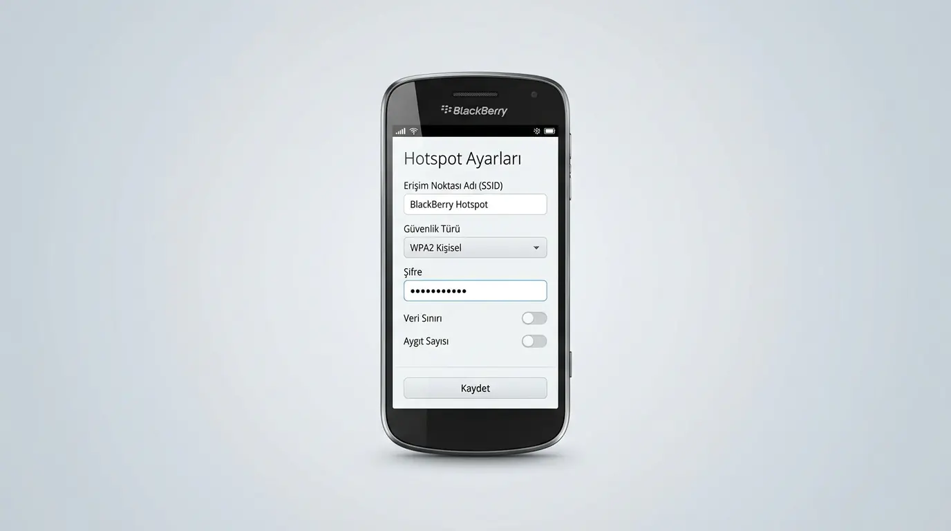 BlackBerry Bold 9900 hotspot ayarları menüsünde mobil kablosuz erişim alanı ve şifre belirleme ekranının görüntüsü