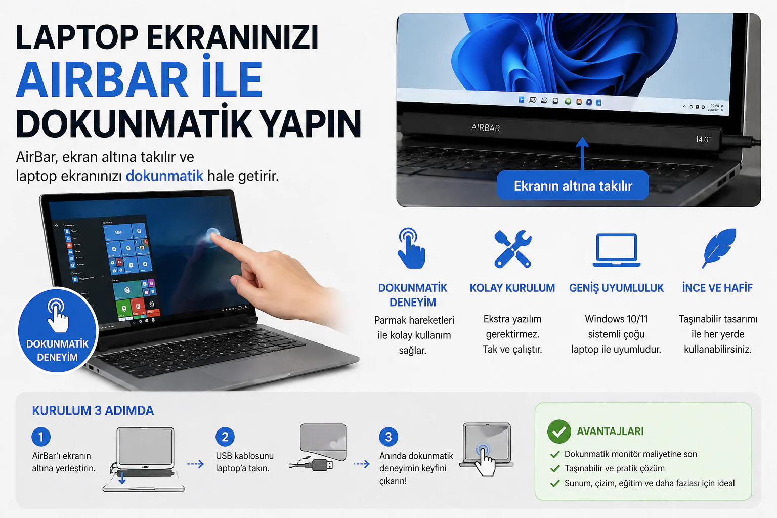 Laptop ekranınızı AirBar ile dokunmatik yapın, cihazın ekran altına takılan sensör gösterimi