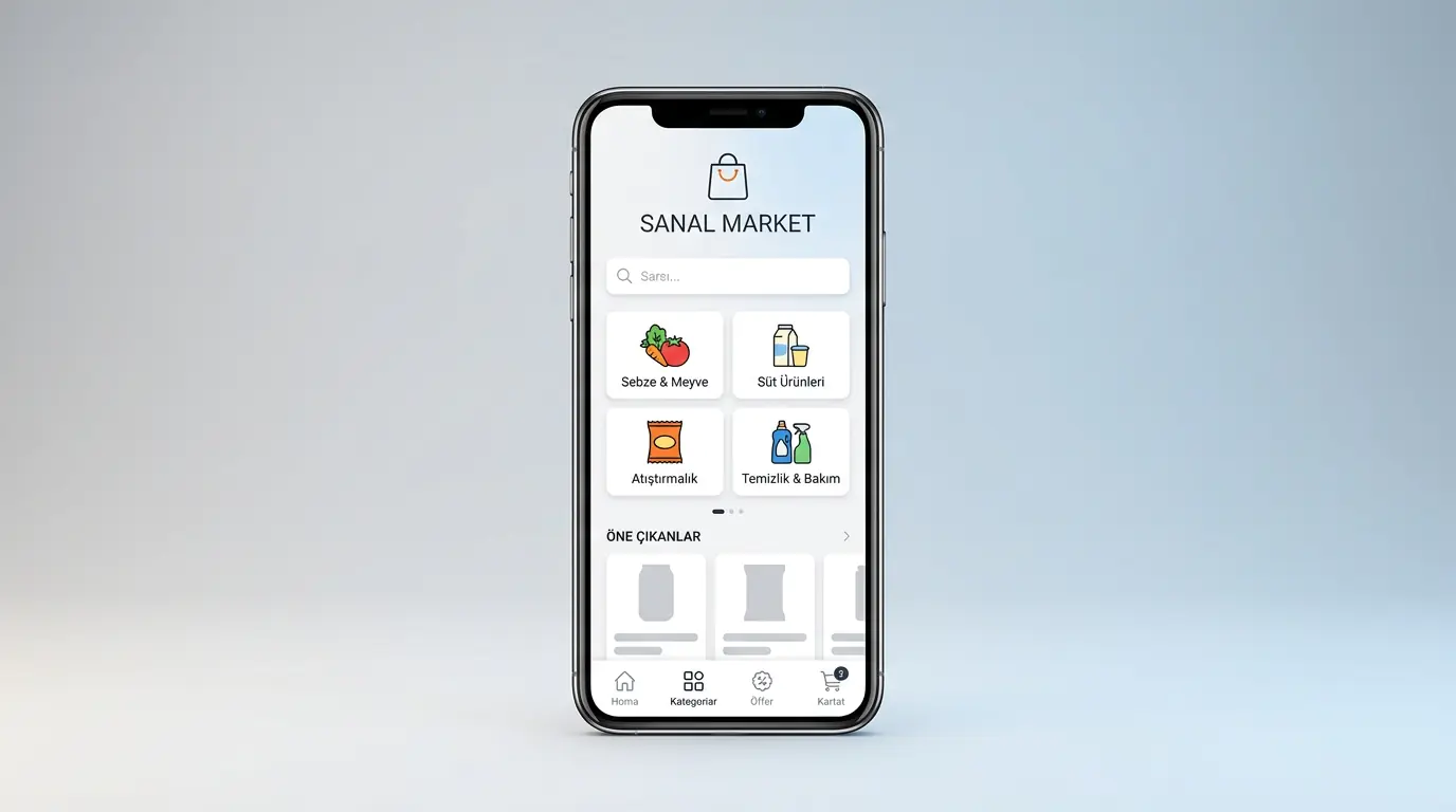 Migros sanal market uygulaması ana ekranında ürün kategorileri ve sipariş arayüzünün gösterildiği mobil ekran görüntüsü