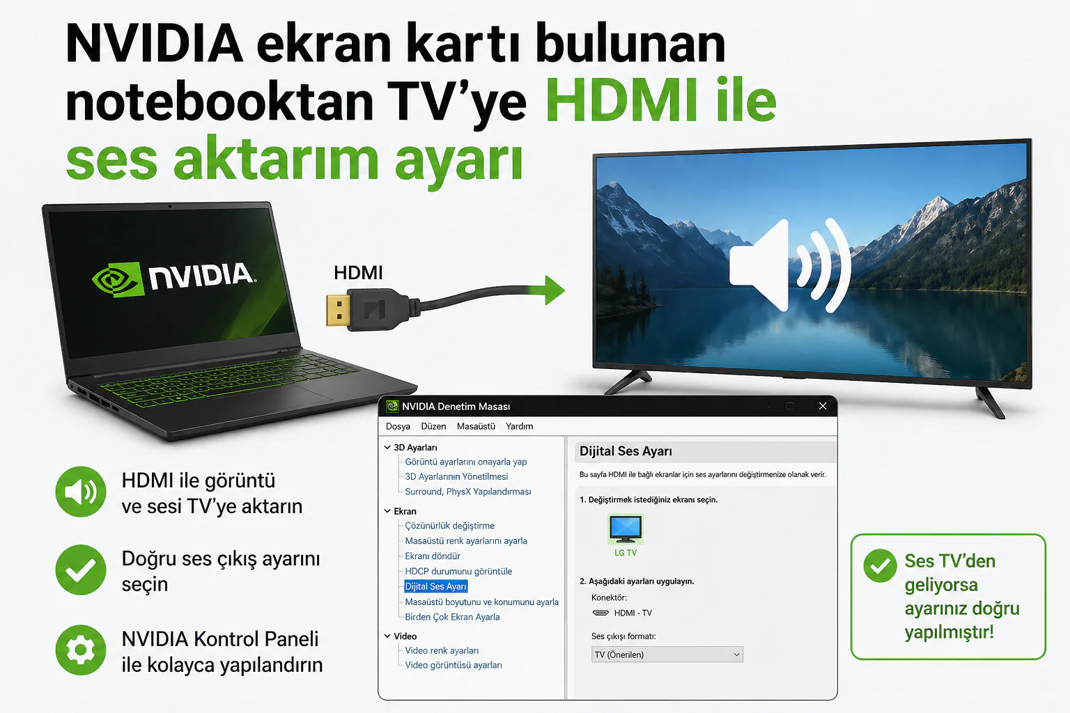 NVIDIA ekran kartı bulunan notebooktan TV’ye HDMI ile ses aktarım ayarı ekranı gösterimi