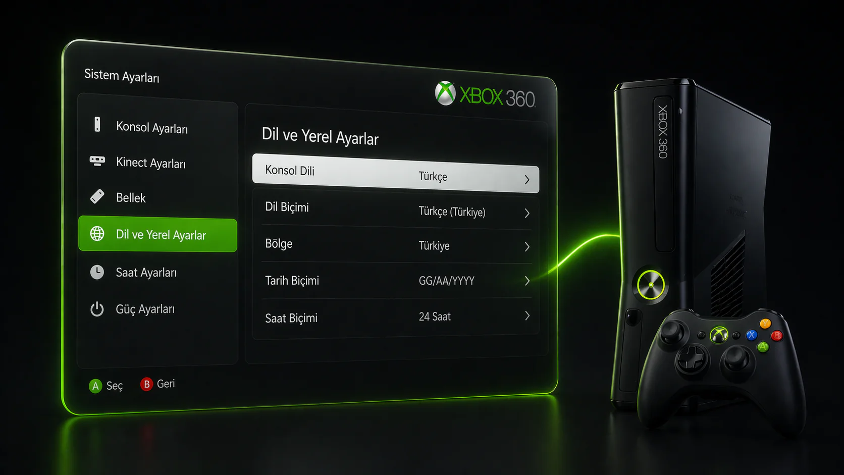 Xbox 360 dil değiştirme ayarlarında dil ve yerel ayar menüsü