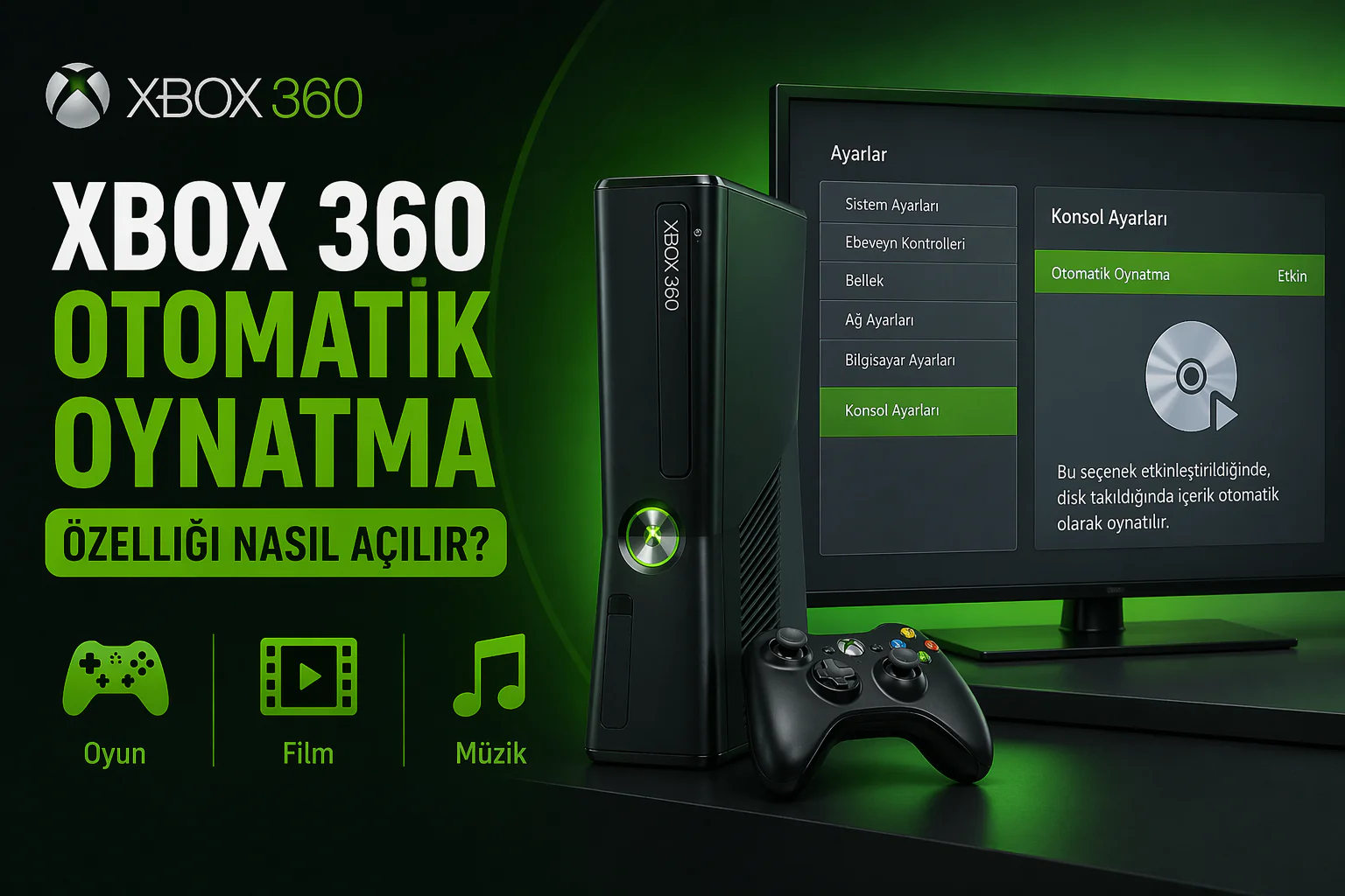 xbox 360 otomatik oynatma ayarlarının etkinleştirildiği konsol menüsü ekranı ve seçenekler