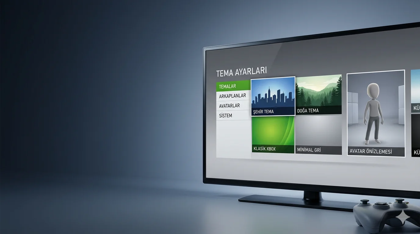 Xbox 360 tema değiştirme ekranında avatar ve tema seçenekleri