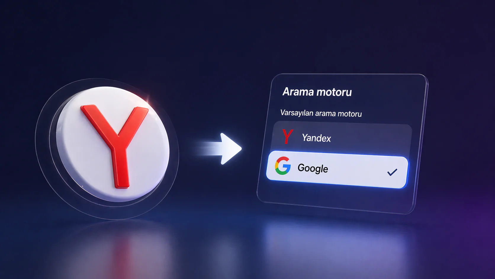 Yandex tarayıcı arama motoru ayarları ekranında Google seçeneği görüntüleniyor