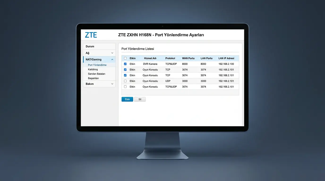 ZTE ZXHN H168N port açma işlemi için modem arayüzünde port yönlendirme ayarları ekranının gösterildiği görüntü
