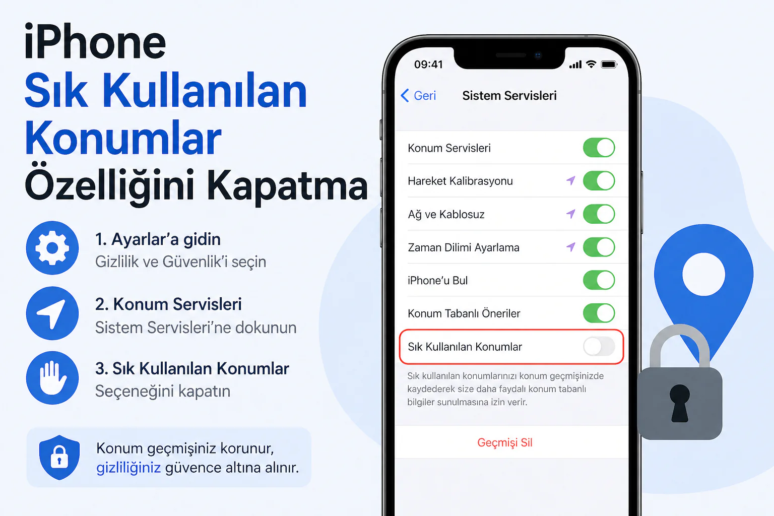 iPhone sık kullanılan konumlar özelliğini kapatma ayar ekranı ve gizlilik seçenekleri gösterimi