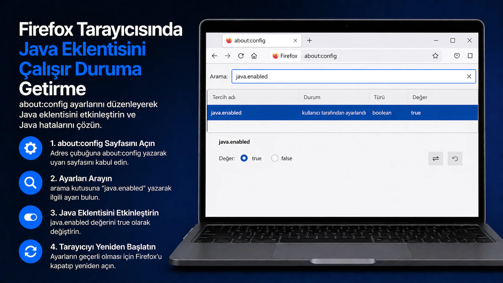 Firefox tarayıcısında Java eklentisini çalışır duruma getirme ayar ekranı