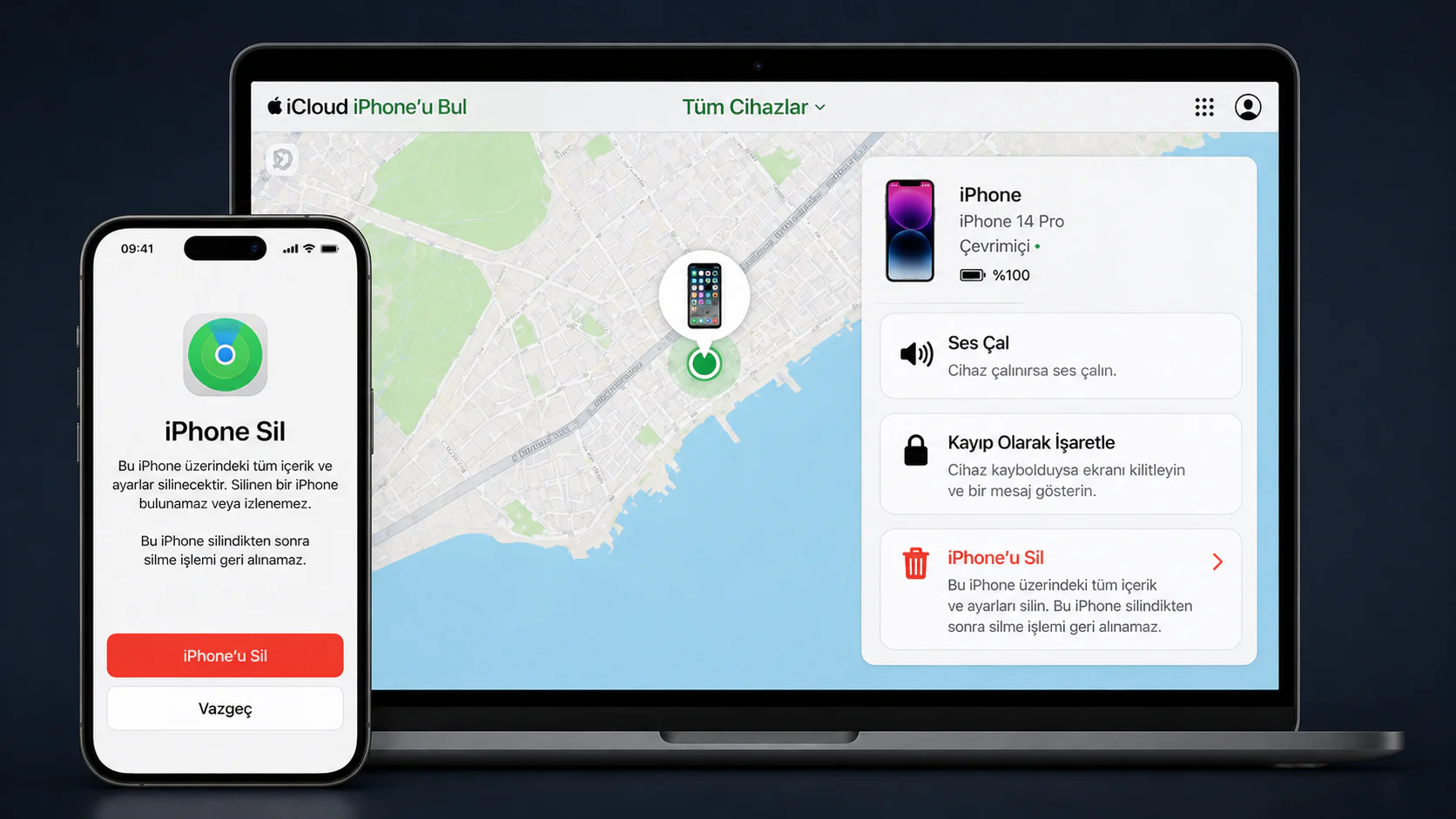 iCloud üzerinden iPhone’u Bul ekranında uzaktan veri silme komutu verme işlemi