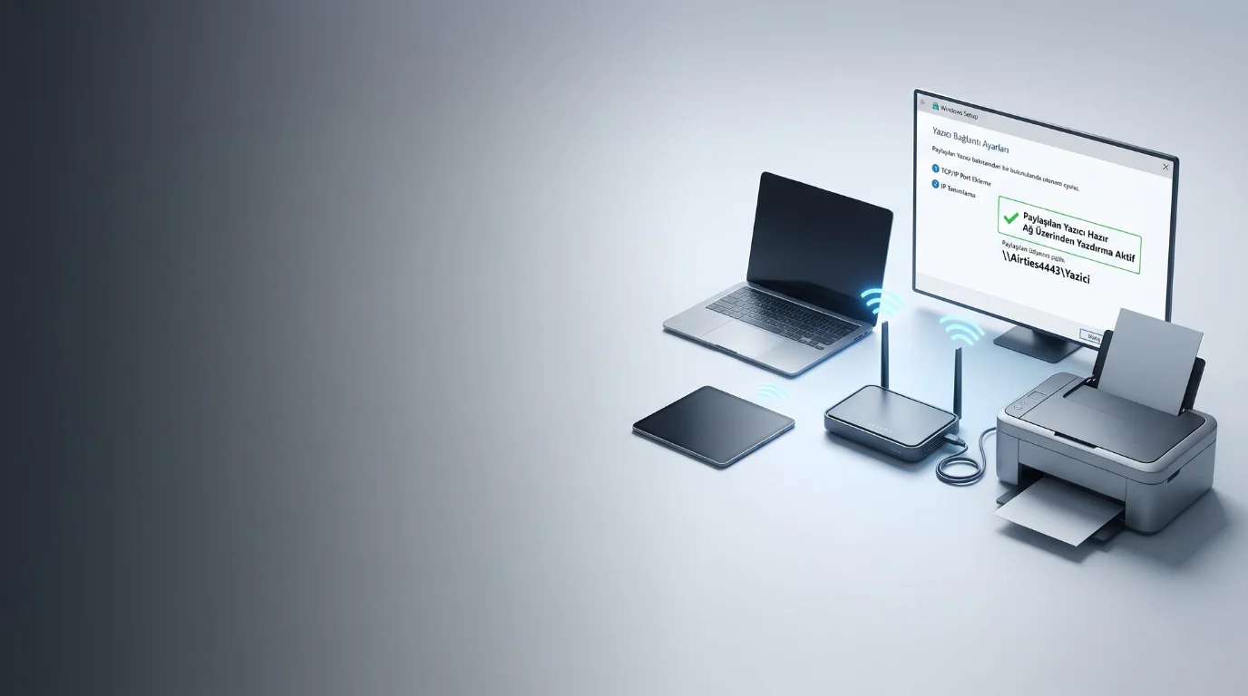 Airties 4443 USB Yazıcı Paylaşımı ayarlarıyla TCP IP port ve yazıcı bağlantı ekranı