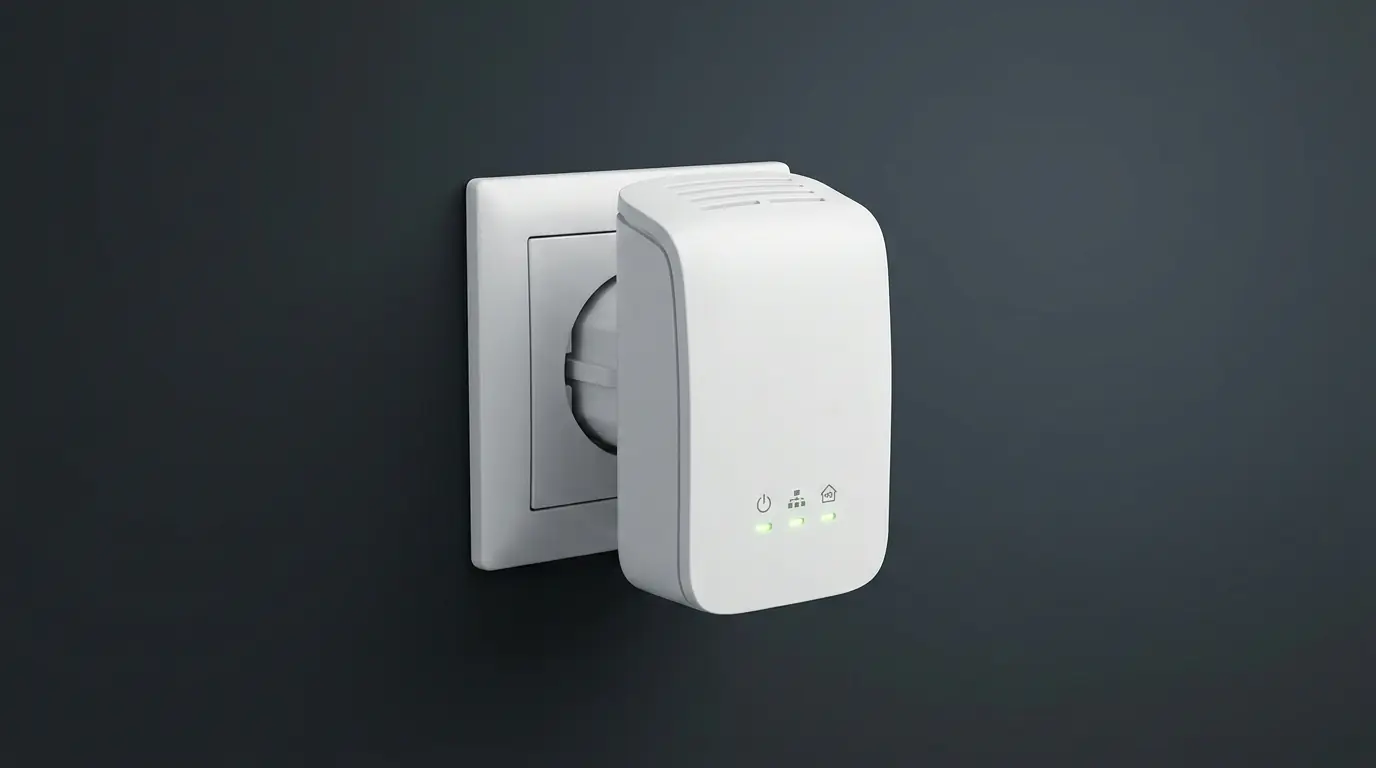 Airties Air-500 PowerLine adaptörün elektrik prizine bağlı olduğu ve gösterge ışıklarının gösterildiği ürün görüntüsü