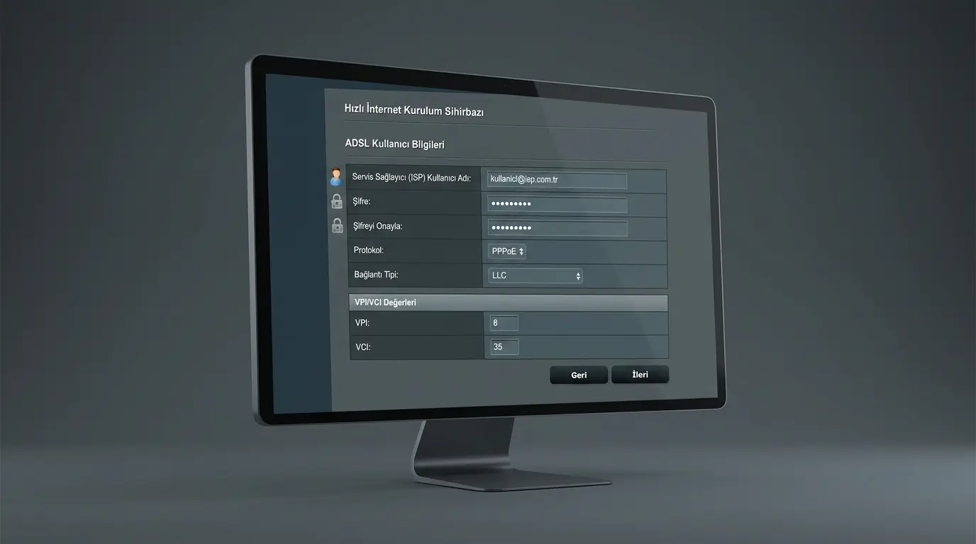 Asus DSL-AC56U modem kurulumu sırasında Quick Internet Setup Wizard ekranında ADSL kullanıcı bilgileri girişinin gösterildiği görüntü