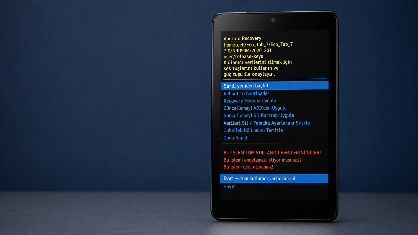 Hometech Eco Tab 7 hard reset menüsü ve sıfırlama adımları ekranı