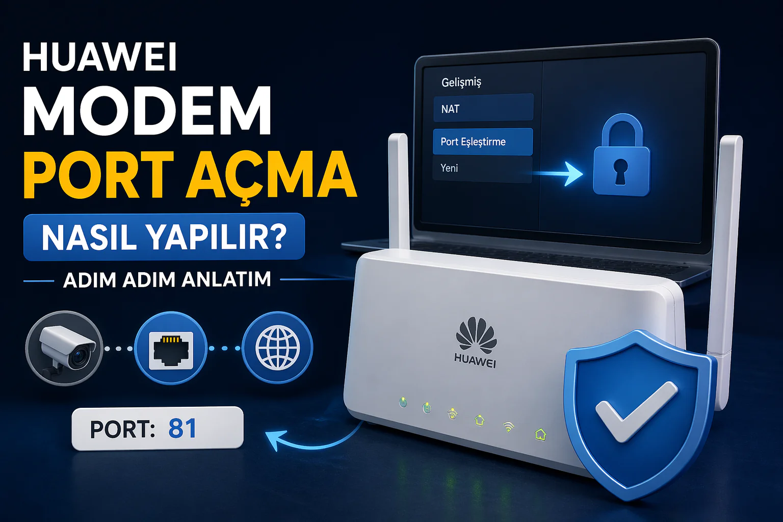 Huawei modem port açma ayar ekranında NAT ve port eşleştirme adımları gösterimi