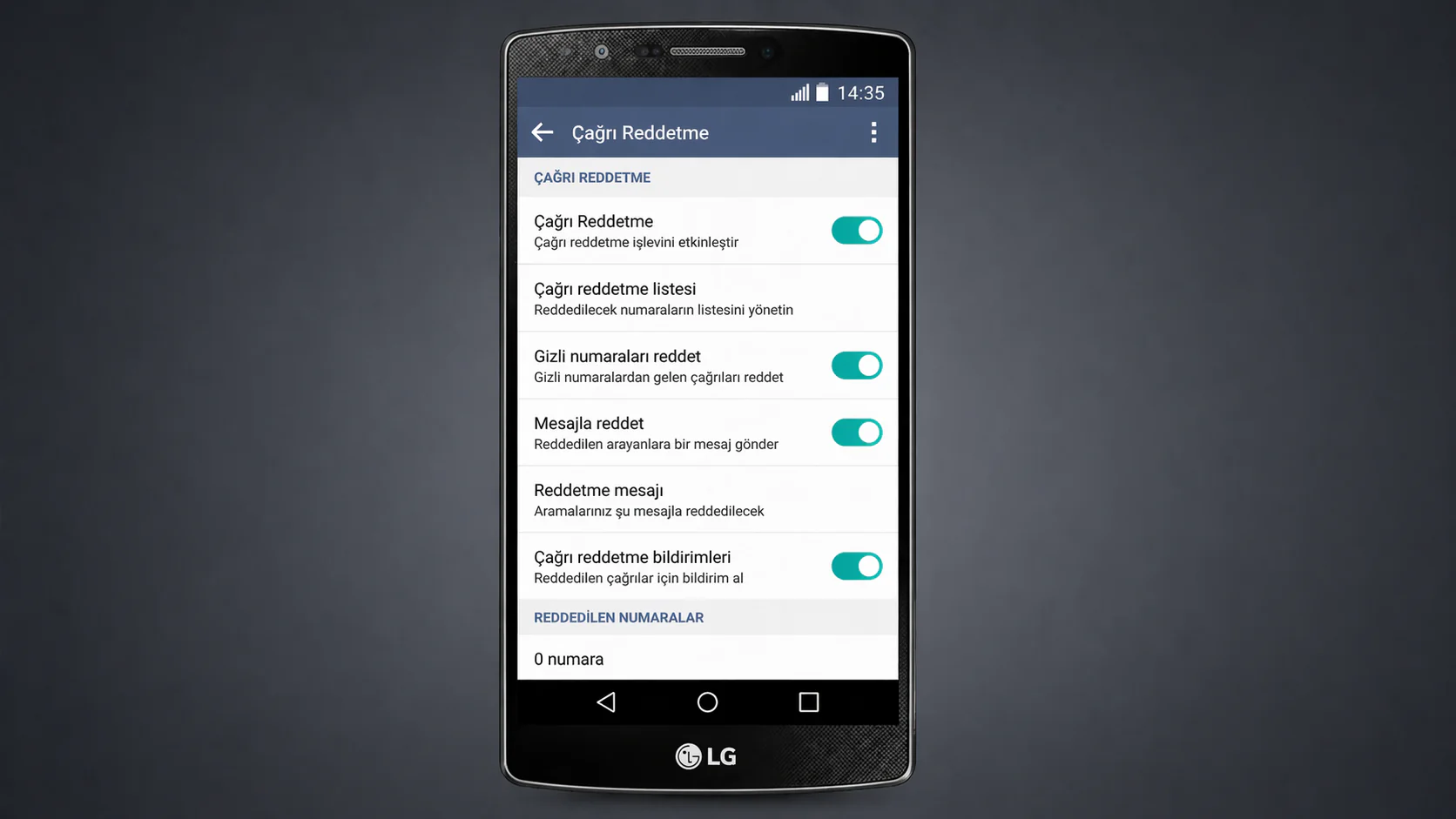 LG G4'te numara engelleme için Çağrı Reddetme menüsünün açık olduğu telefon ekranı