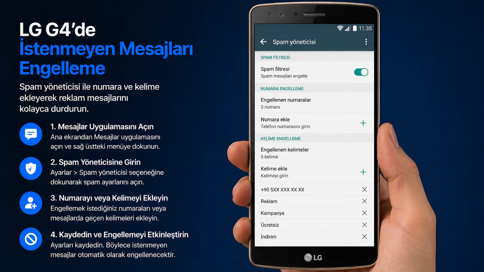 LG G4’de istenmeyen mesajları engelleme için spam ayarları ekranı