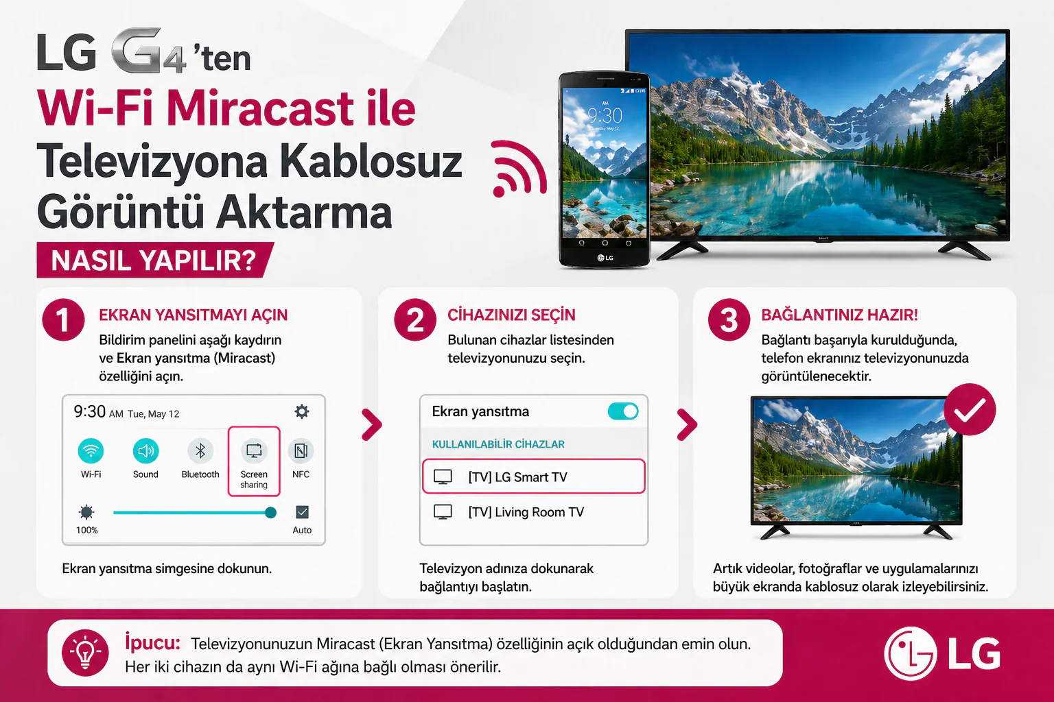 lg g4 wifi miracast televizyona kablosuz görüntü aktarma için ekran yansıtma ayarları örneği