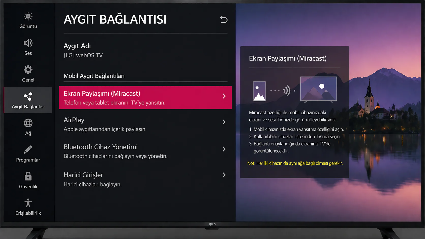 LG WebOS TV Miracast ayarları için Aygıt Bağlantısı menüsünün televizyon ekranındaki görüntüsü