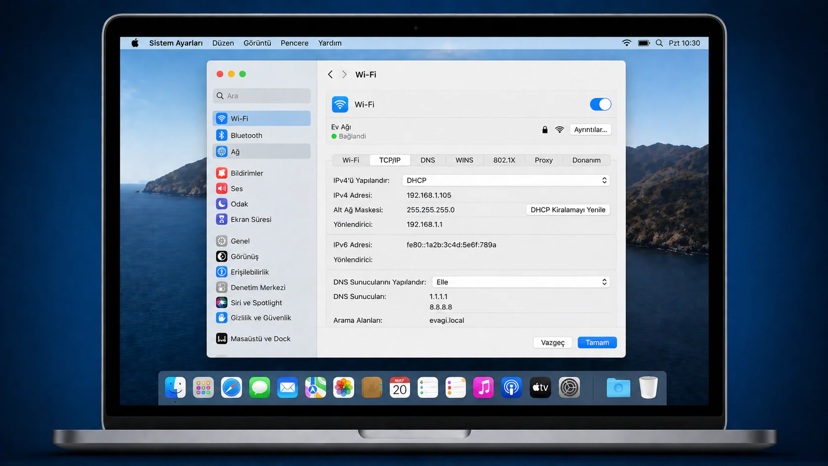 Mac PC’de IP ve DNS kontrolü için ağ ayarları ekranı