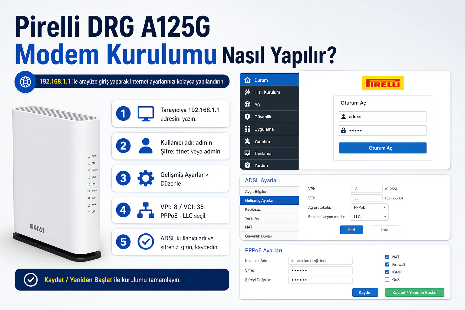 Pirelli DRG A125G Modem Kurulumu için arayüz giriş ve adsl ayar ekranı görünümü