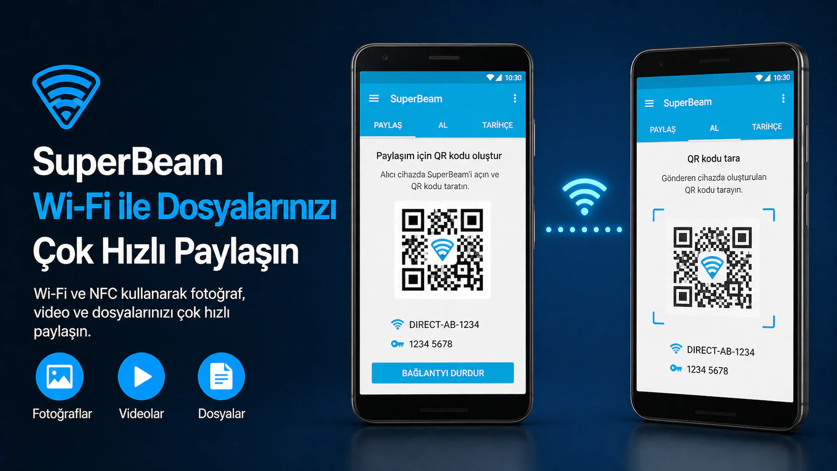SuperBeam uygulaması ile QR kod kullanarak Wi-Fi üzerinden dosya paylaşımı