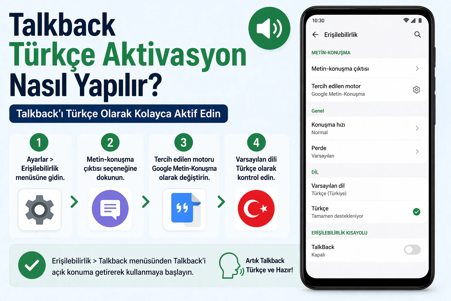 talkback türkçe aktivasyon ayarlarında metin konuşma dili ve erişilebilirlik ekranı görünümü