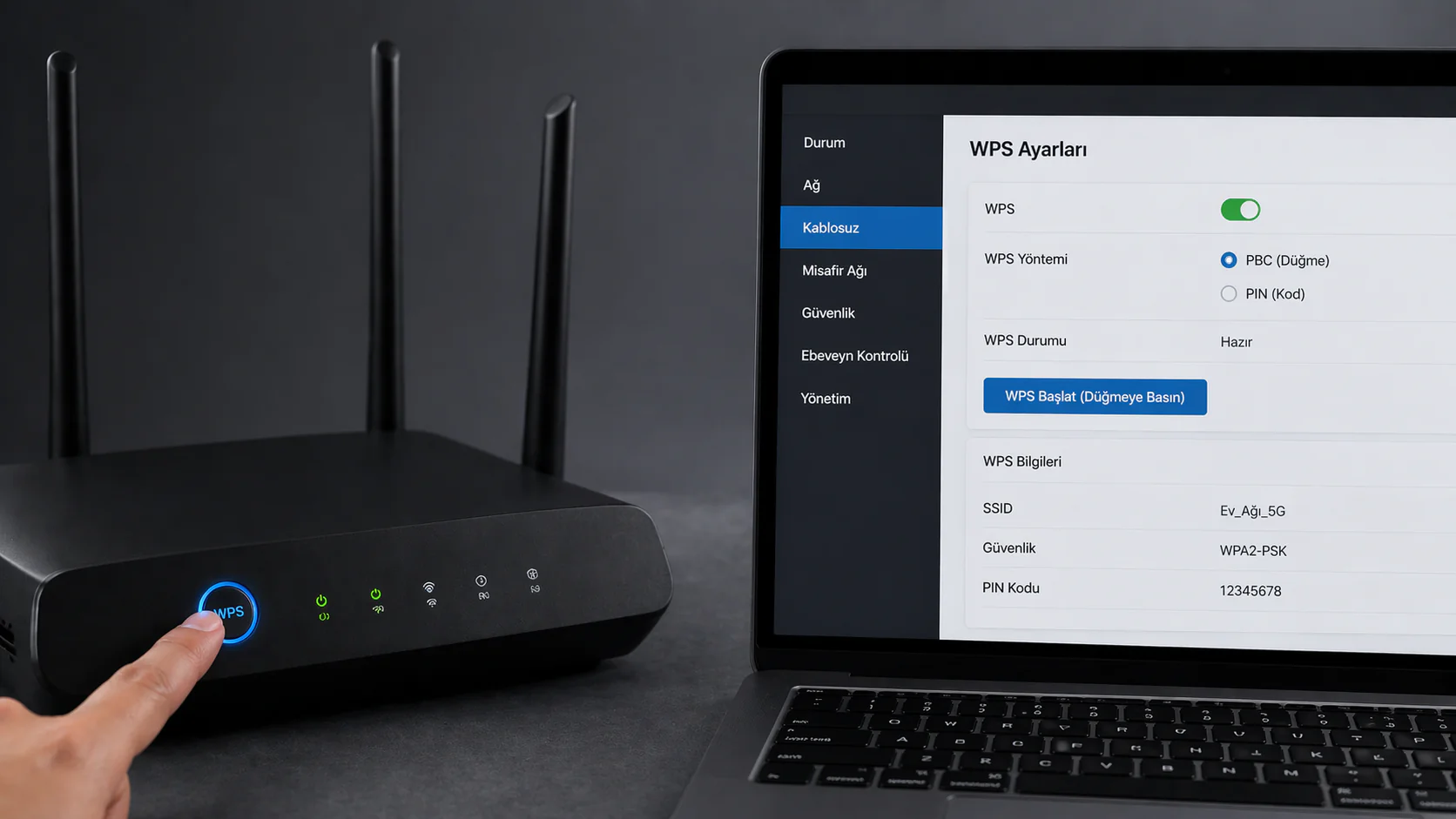 WPS Nasıl Çalışır ayar ekranı ve modem üzerindeki WPS bağlantı düğmesi