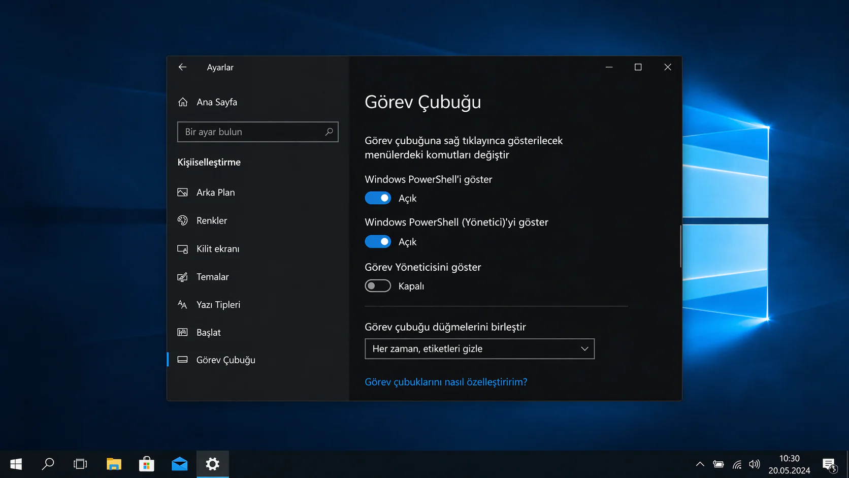 Windows 10'da kısayoldan PowerShell açmak için görev çubuğu ayarları ekranının görüntüsü
