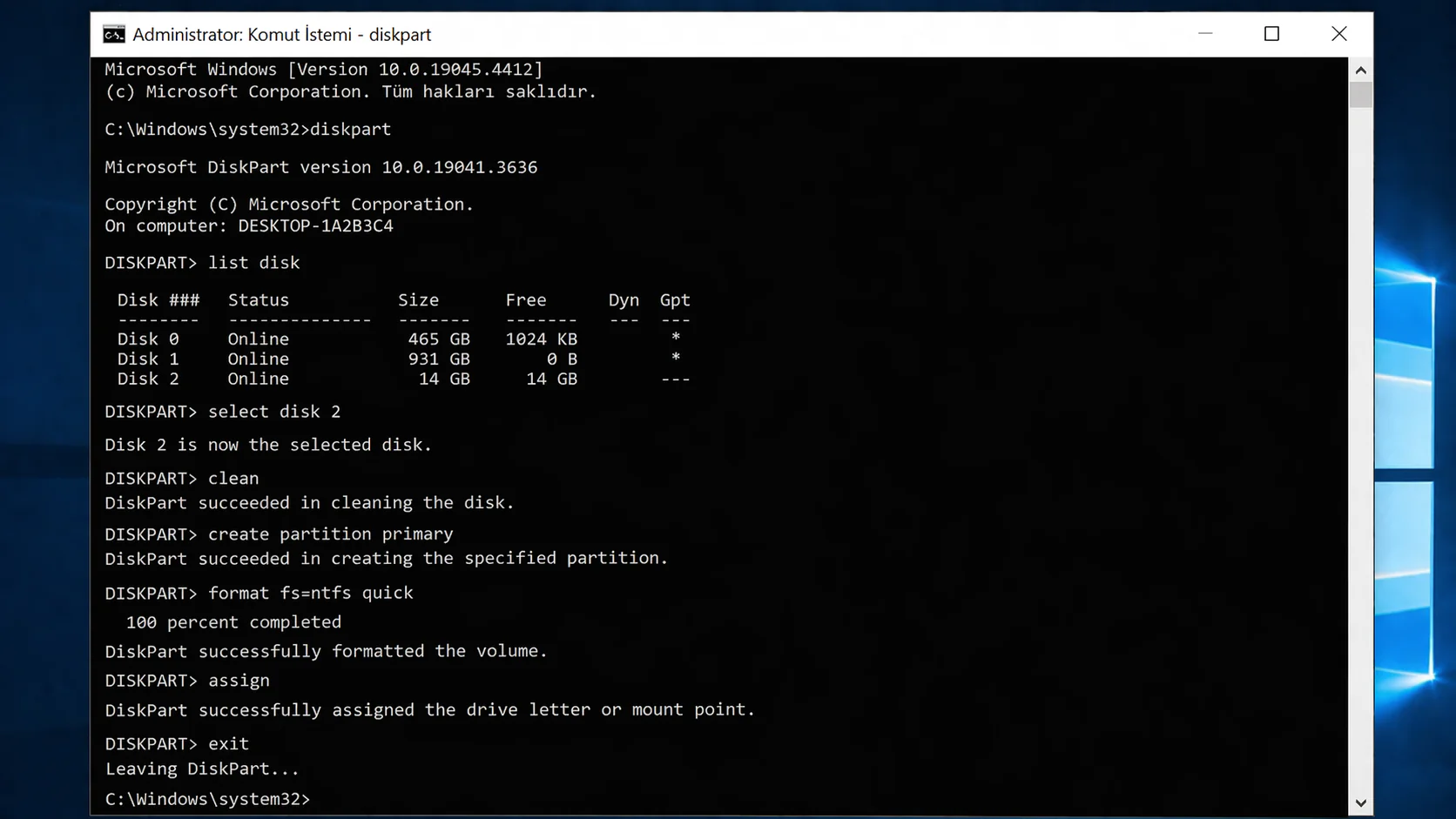 Windows komut istemi disk biçimlendirme için diskpart aracının açık olduğu ekran görüntüsü
