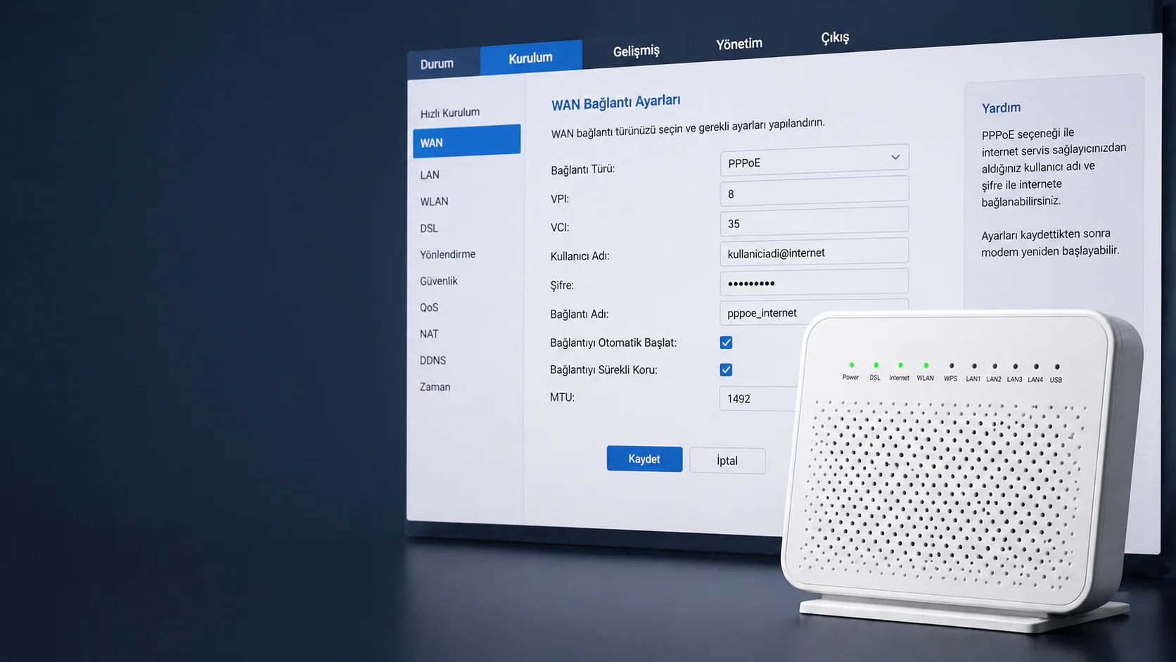 ZTE ZXDSL 931WII modem arayüzünde PPPoE internet kurulumu adımları