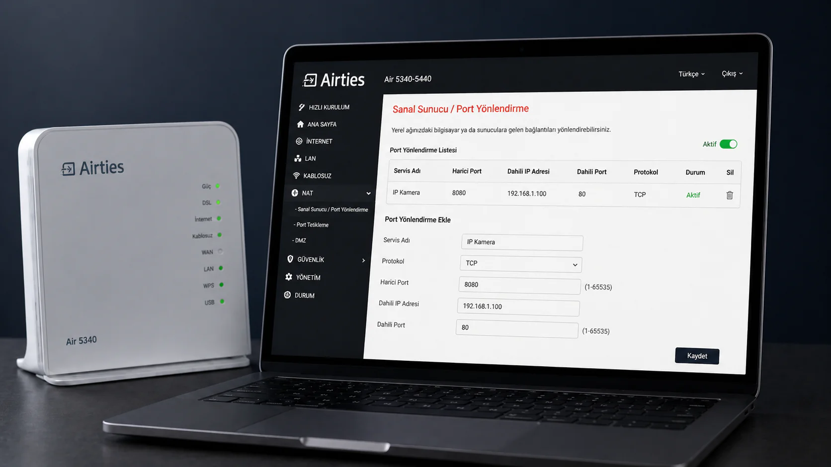 Airties Air 5340-5440 modem arayüzünde NAT ve port yönlendirme ayar ekranı