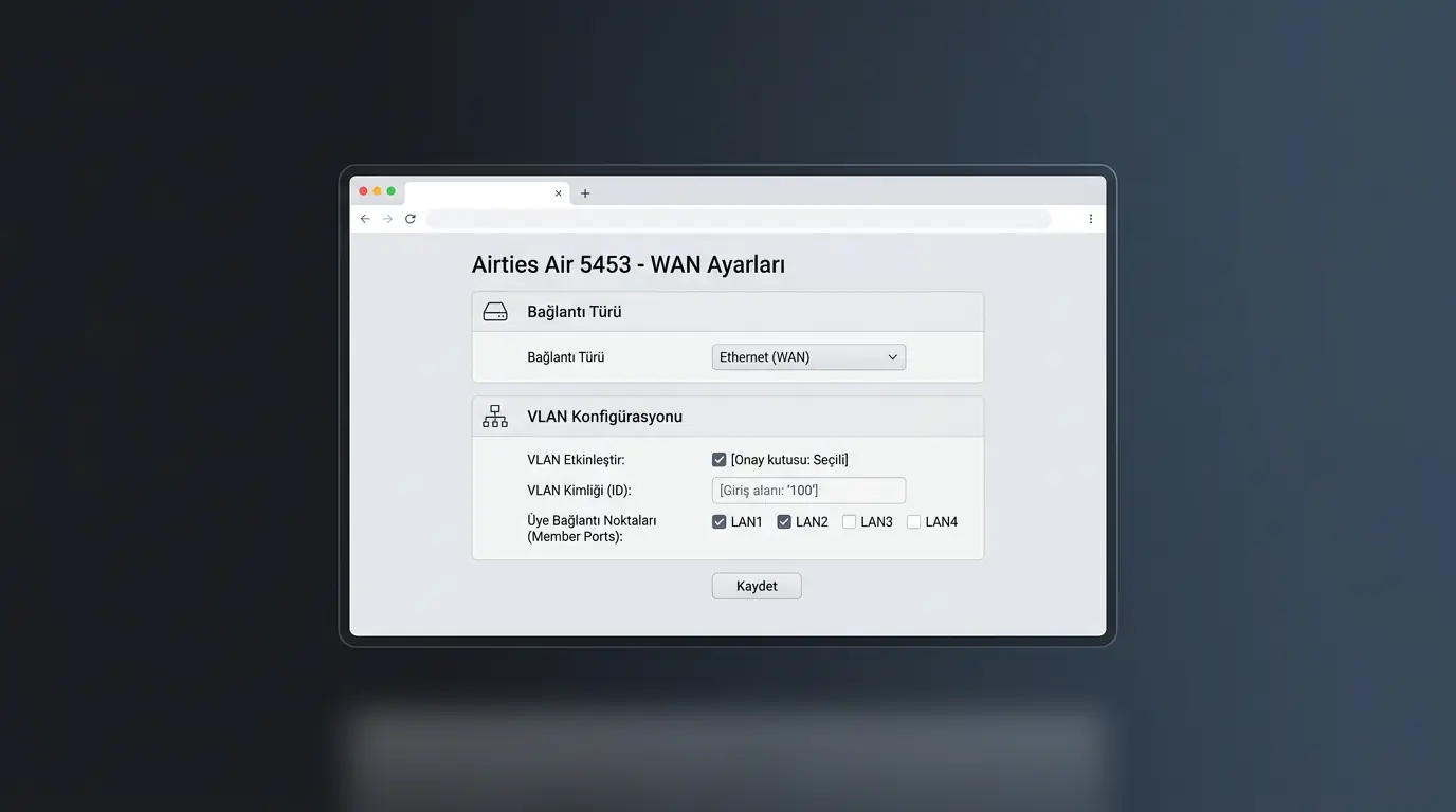 Airties Air 5453 WAN portu kullanımı için modem arayüzünde Ethernet bağlantı tipi ve VLAN yapılandırma ekranının görüntüsü