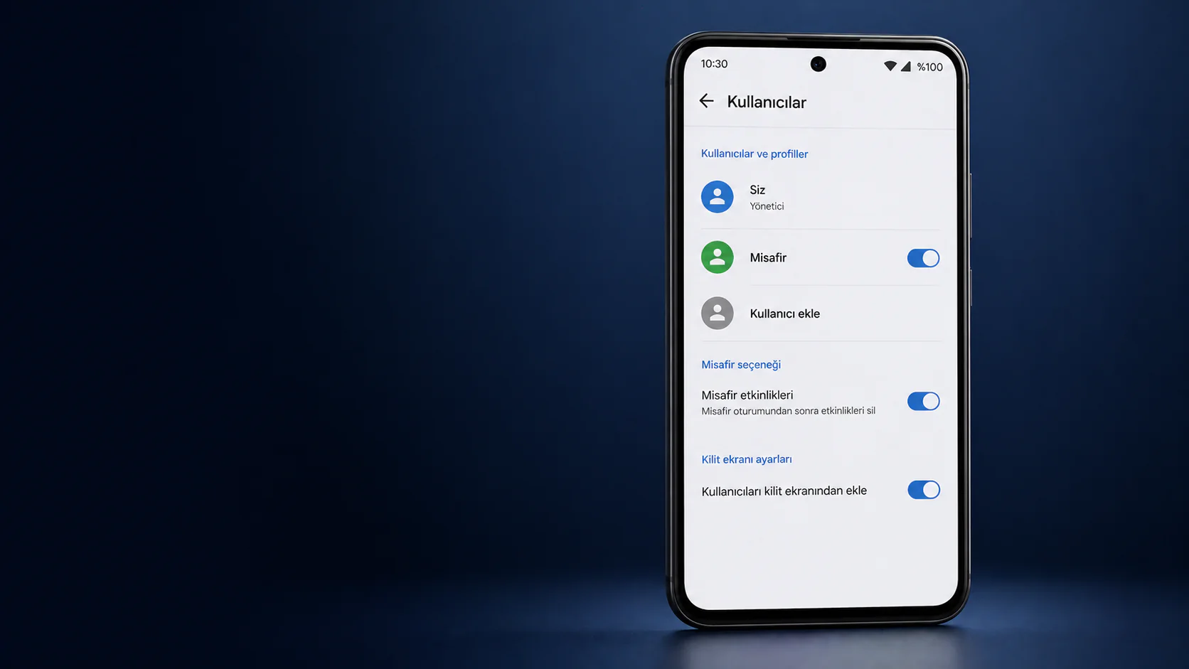 Android telefonlarda misafir modu açma için kullanıcı menüsü ekranı