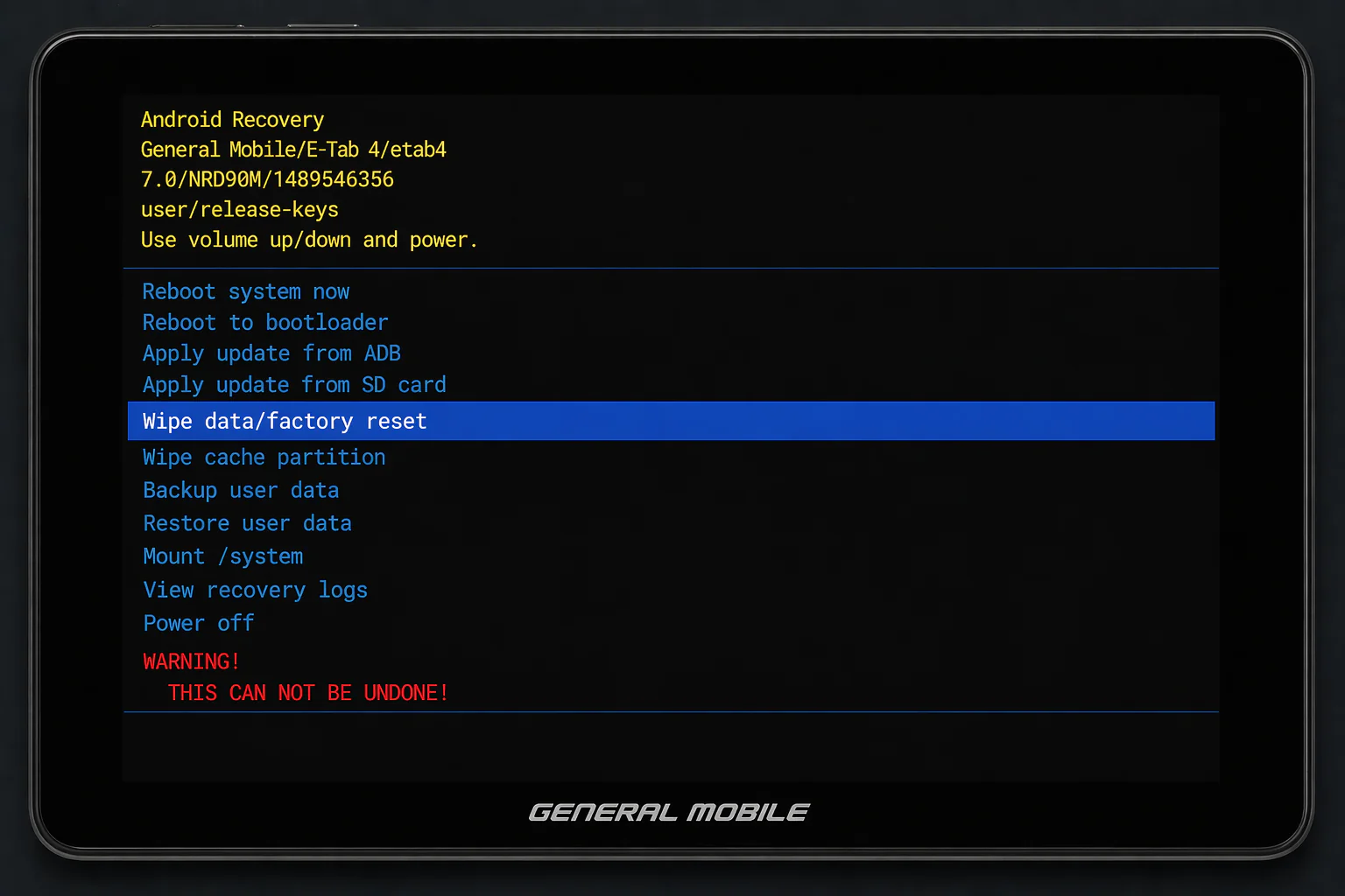General Mobile E-Tab 4 fabrika ayarlarına alma için Recovery modundaki wipe data factory reset ekranı