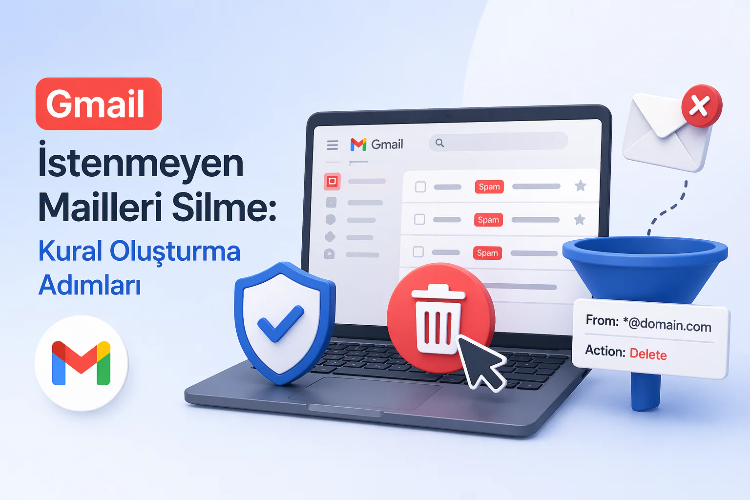 Gmail istenmeyen mailleri silme için filtre oluşturma ekranı ve ayar adımları