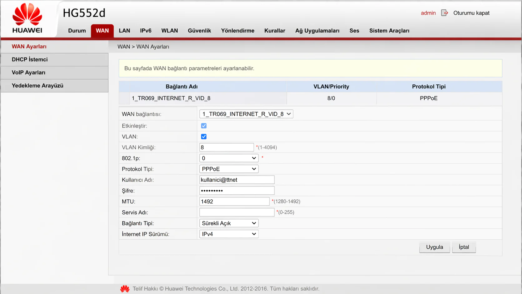 Huawei HG 552d modem kurulumu için 192.168.1.1 arayüzündeki WAN ayarları ekranının görüntüsü